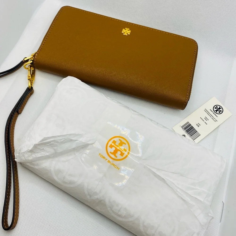 NEW! Tory Burch Emerson Moose Brown Leather Zip Continental Wallet